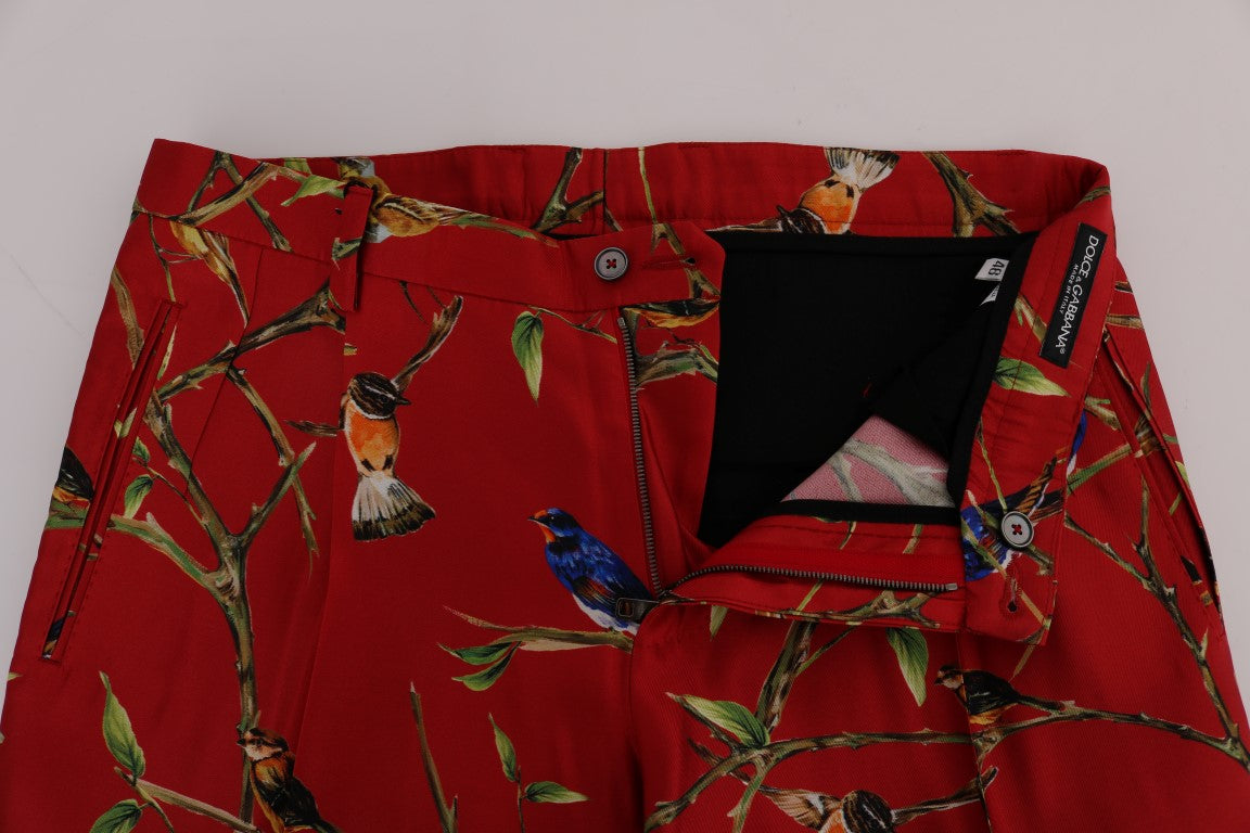 Elegant Silk Dress Trousers in Red Bird Print