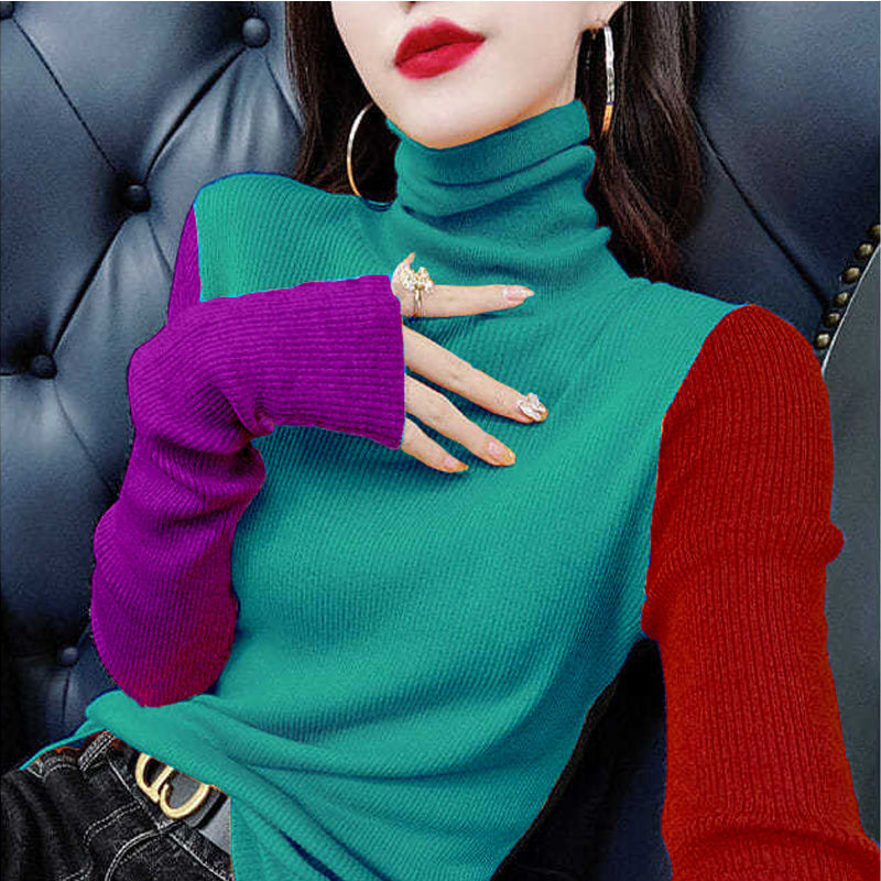 Color knit slim high collar long sleeve sweater