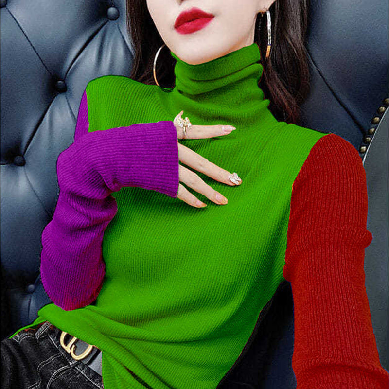 Color knit slim high collar long sleeve sweater