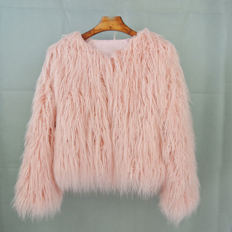 Colorful Furry Pink lamb wool faux fur coat