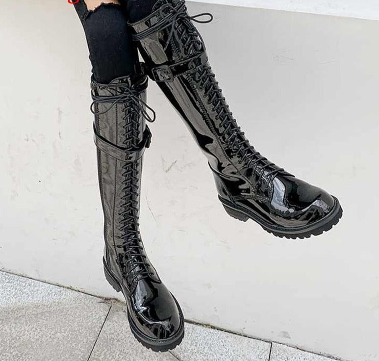 Cow leather cross-tied rock star equestrian style boots