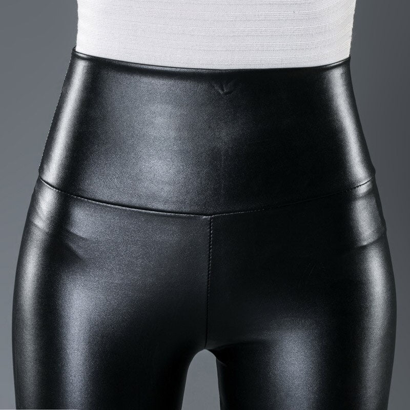 Faux Leather Leggings, Stretchy High Waisted
