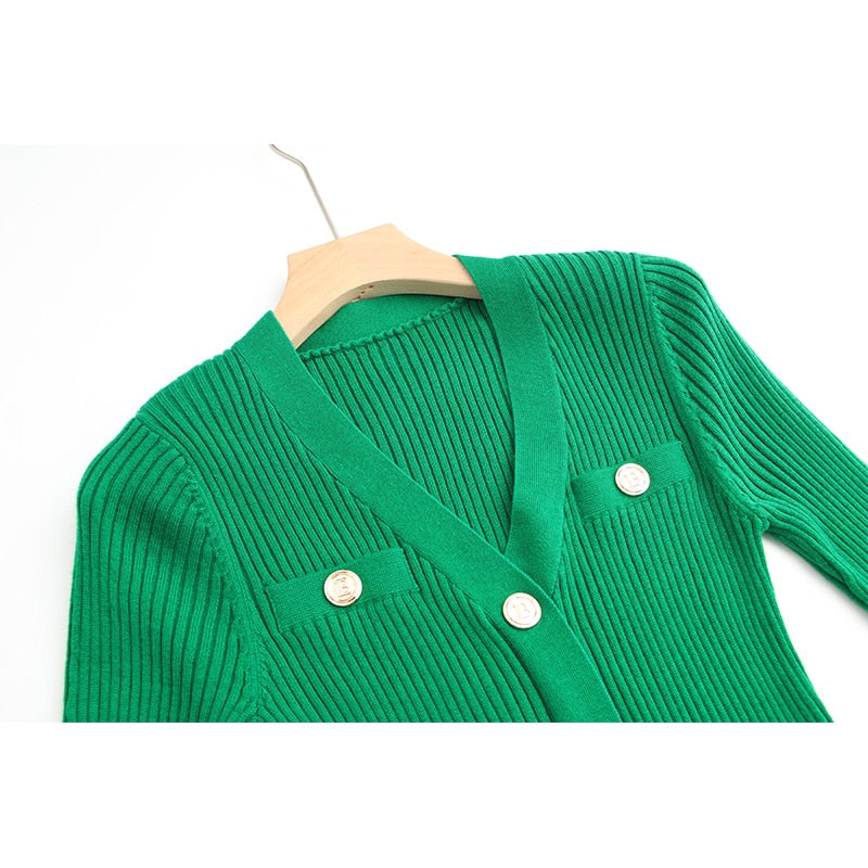 Green Wool Blend Long Sleeve V-neck Dress