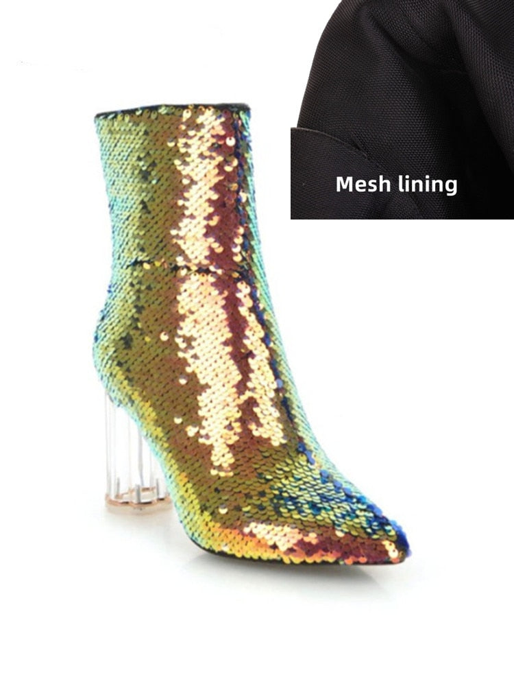 Sequin Ankle boots with Thick Crystal Heel