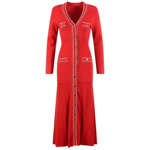 French Red Cardigan Knitted Dress