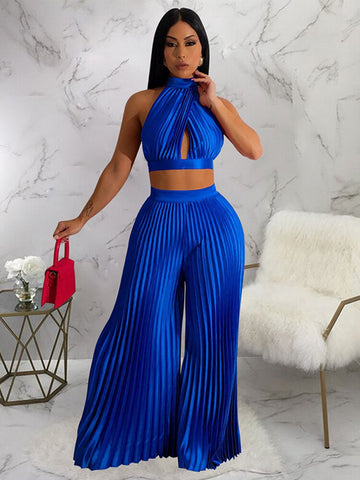 Pleated Backless Cross Halter Top and  Wide Leg Pant Set