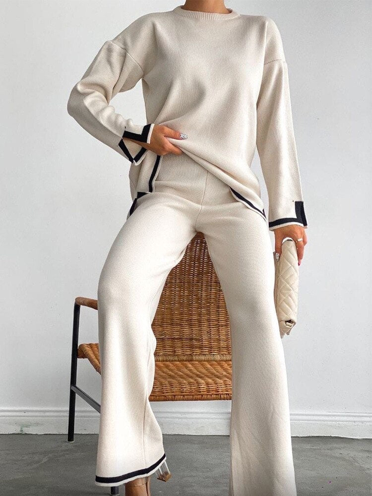 Split Trouser with Crop Sweater Two Piece Set