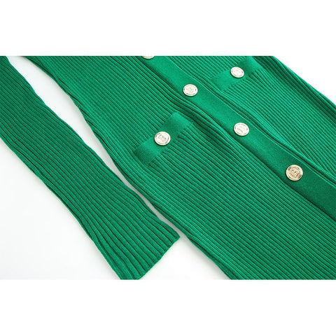 Green Wool Blend Long Sleeve V-neck Dress
