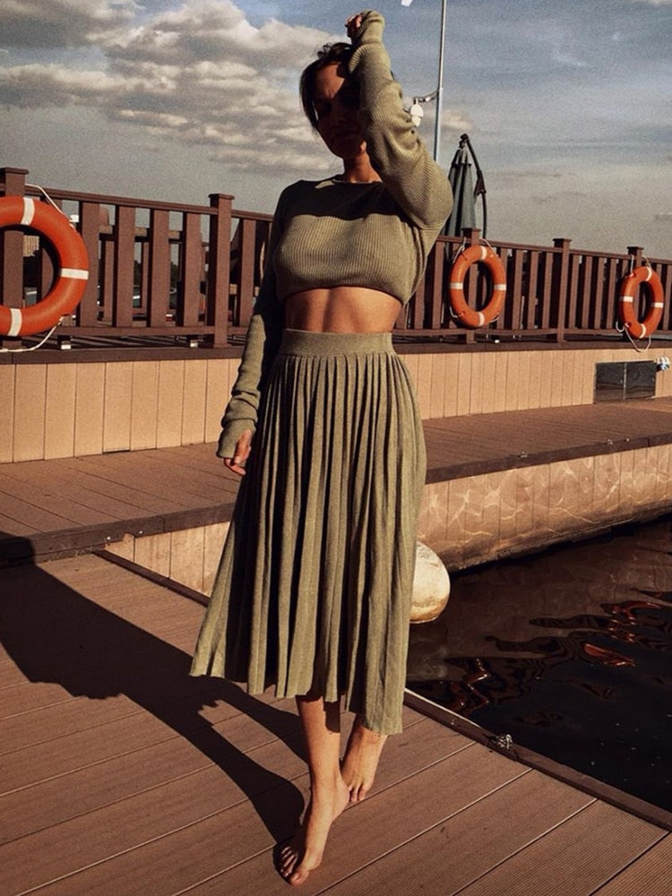 Sexy Sweater Cropped Top Midi Skirt Two Piece Set